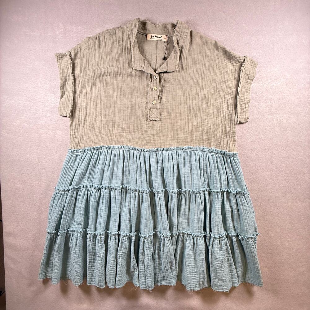 Three Bird Nest gauze cotton baby doll dress - blue green mini beach size M